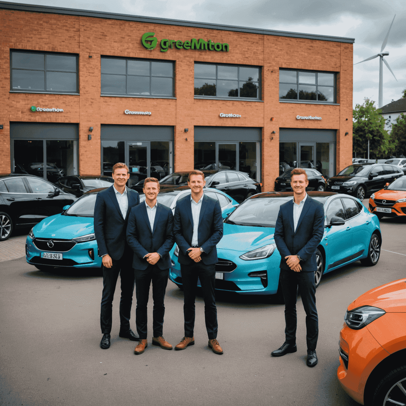 Het GreenMotion_Cars team staat voor een showroom vol elektrische auto's, met op de achtergrond windmolens en zonnepanelen die de duurzame missie van het bedrijf symboliseren