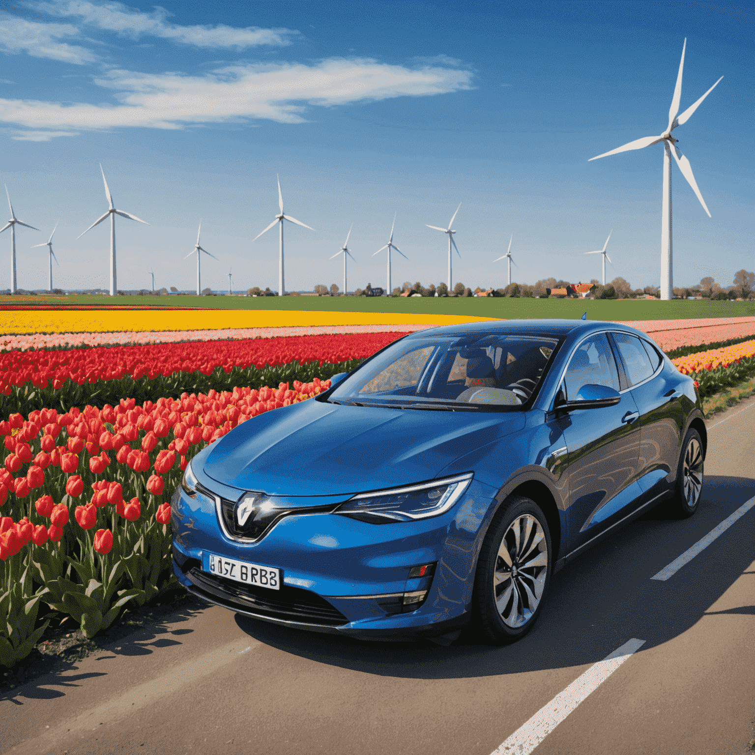 Een moderne elektrische sedan in metallic blauw, geparkeerd voor een windmolenpark in een typisch Nederlands landschap met tulpenvelden op de achtergrond.