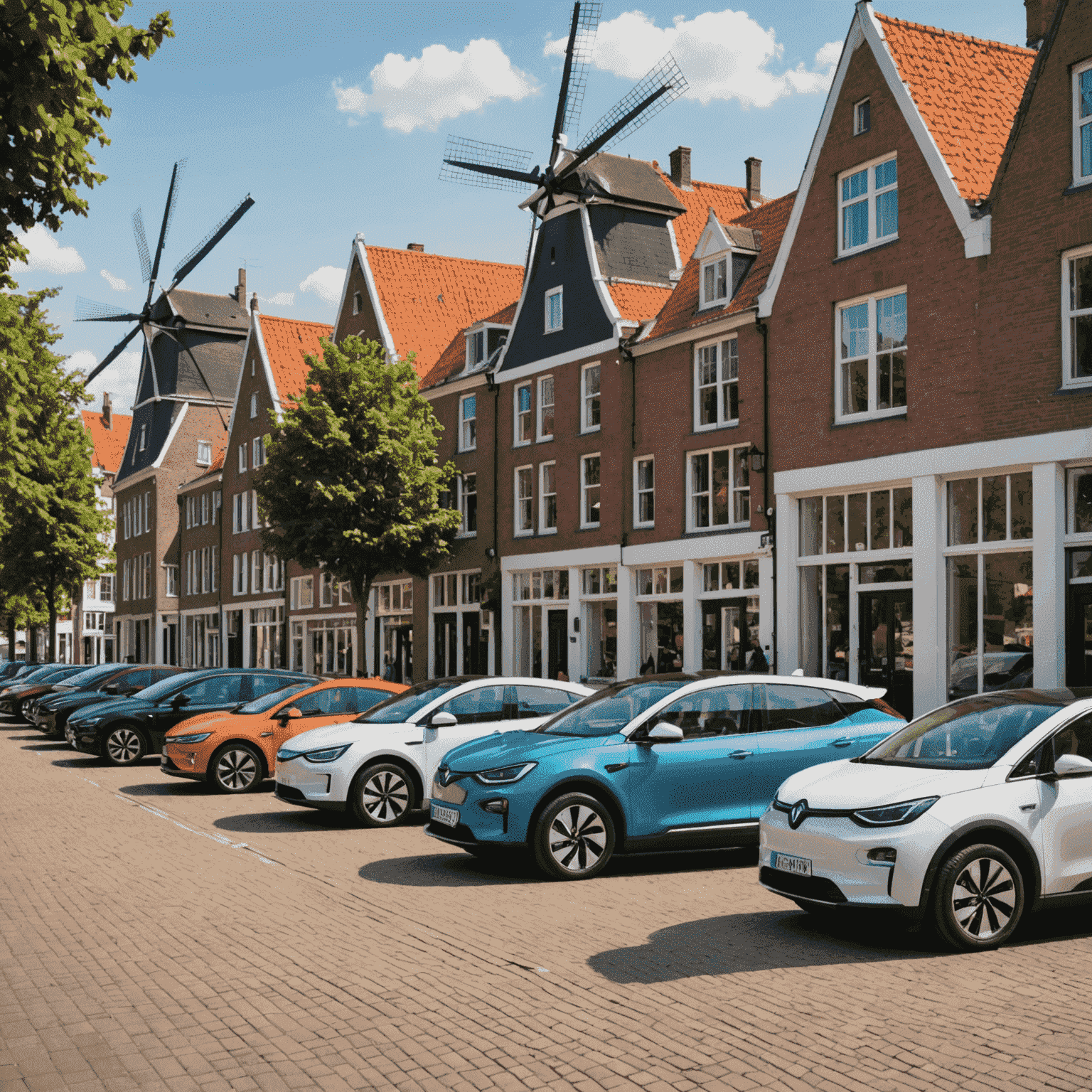 Vijf elektrische auto's geparkeerd in een typisch Nederlands straatbeeld met windmolens op de achtergrond