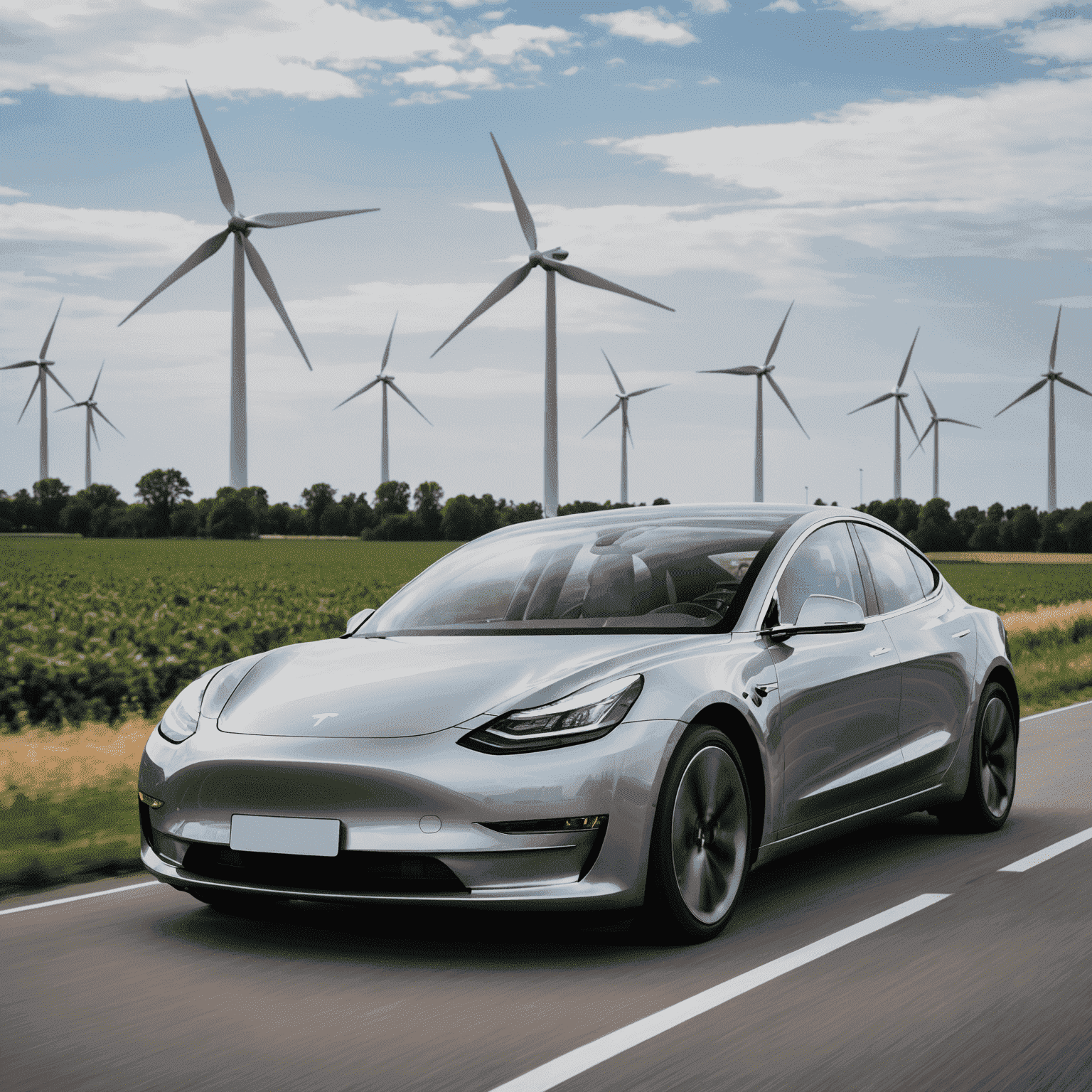 Tesla Model 3 in zilvergrijs, geparkeerd voor een moderne Nederlandse windmolen