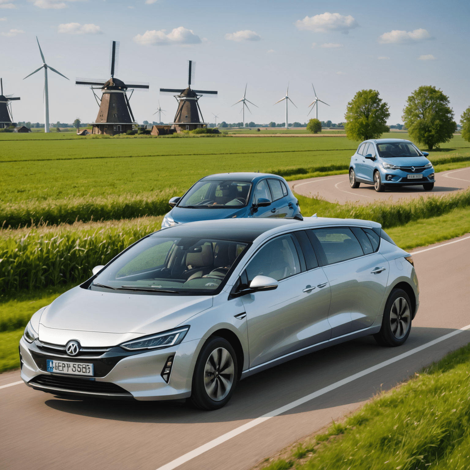 Een hybride auto en een volledig elektrische auto naast elkaar op een typisch Nederlands landschap met windmolens op de achtergrond