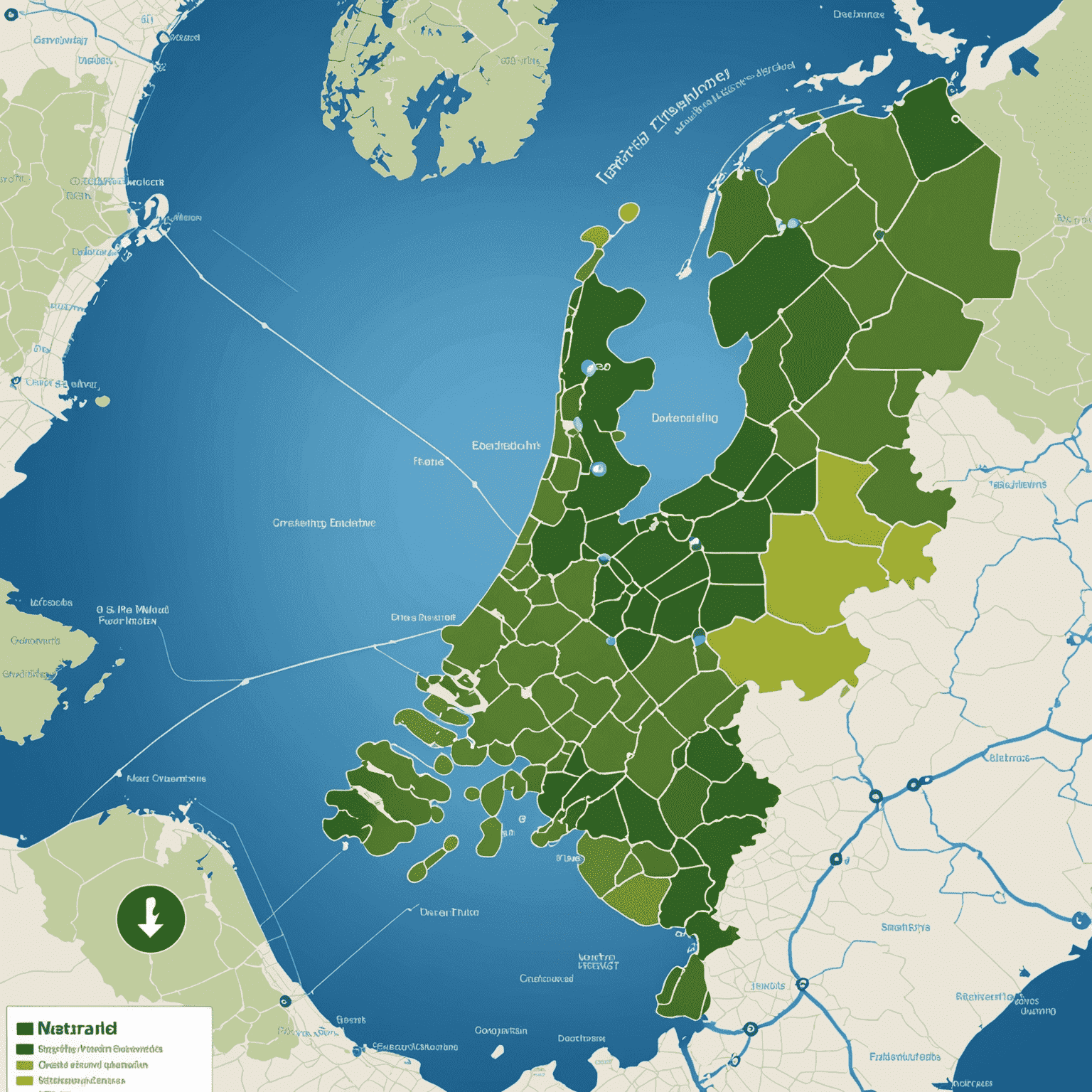 Overzichtskaart van laadstations voor elektrische voertuigen in Nederland, met groene punten die de locaties aangeven tegen de achtergrond van een gestileerde Nederlandse kaart
