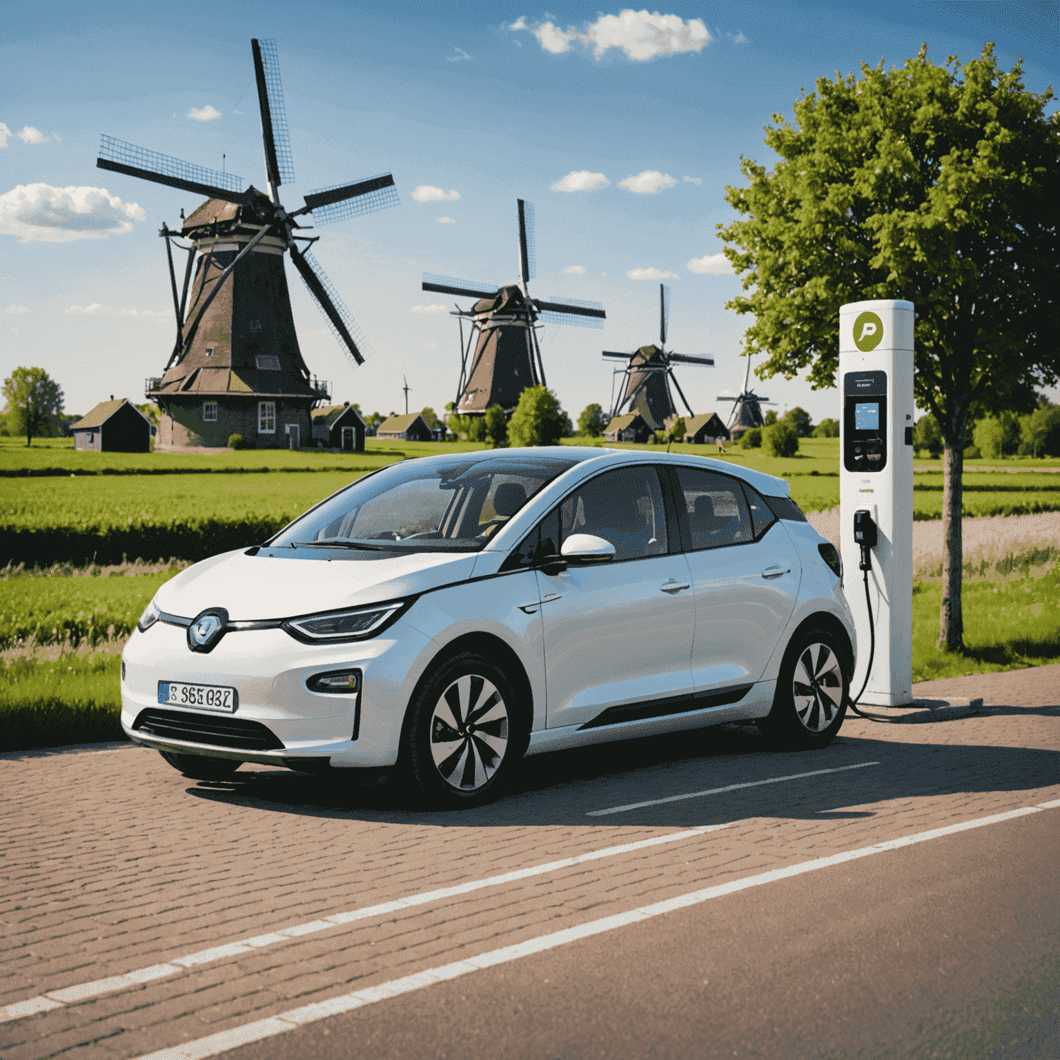 Een elektrische auto die wordt opgeladen bij een laadpaal in een typisch Nederlands landschap met windmolens op de achtergrond