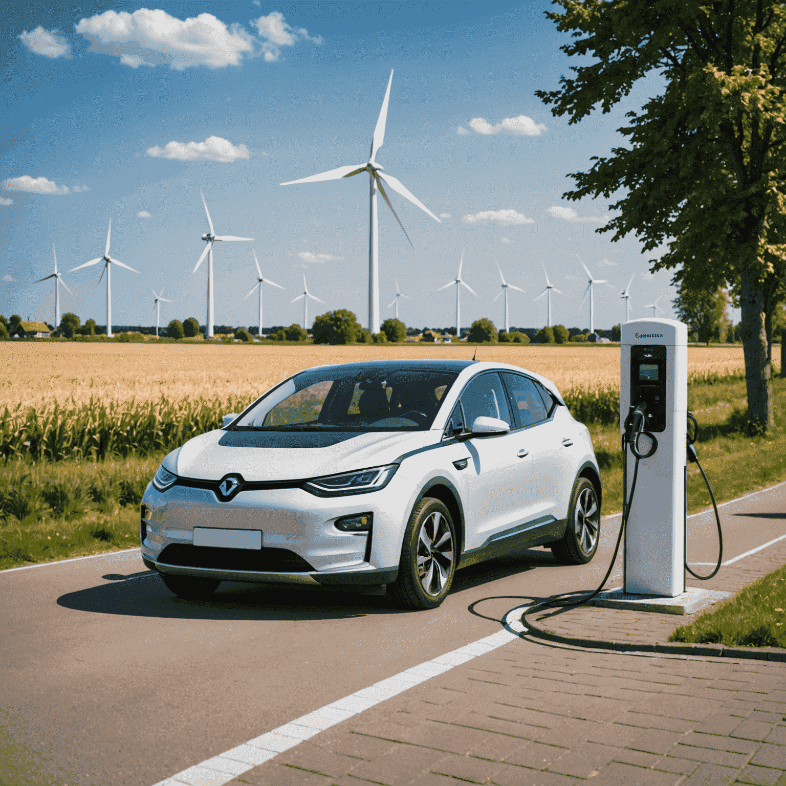 Een elektrische auto wordt opgeladen bij een laadstation in een typisch Nederlands landschap met windmolens op de achtergrond