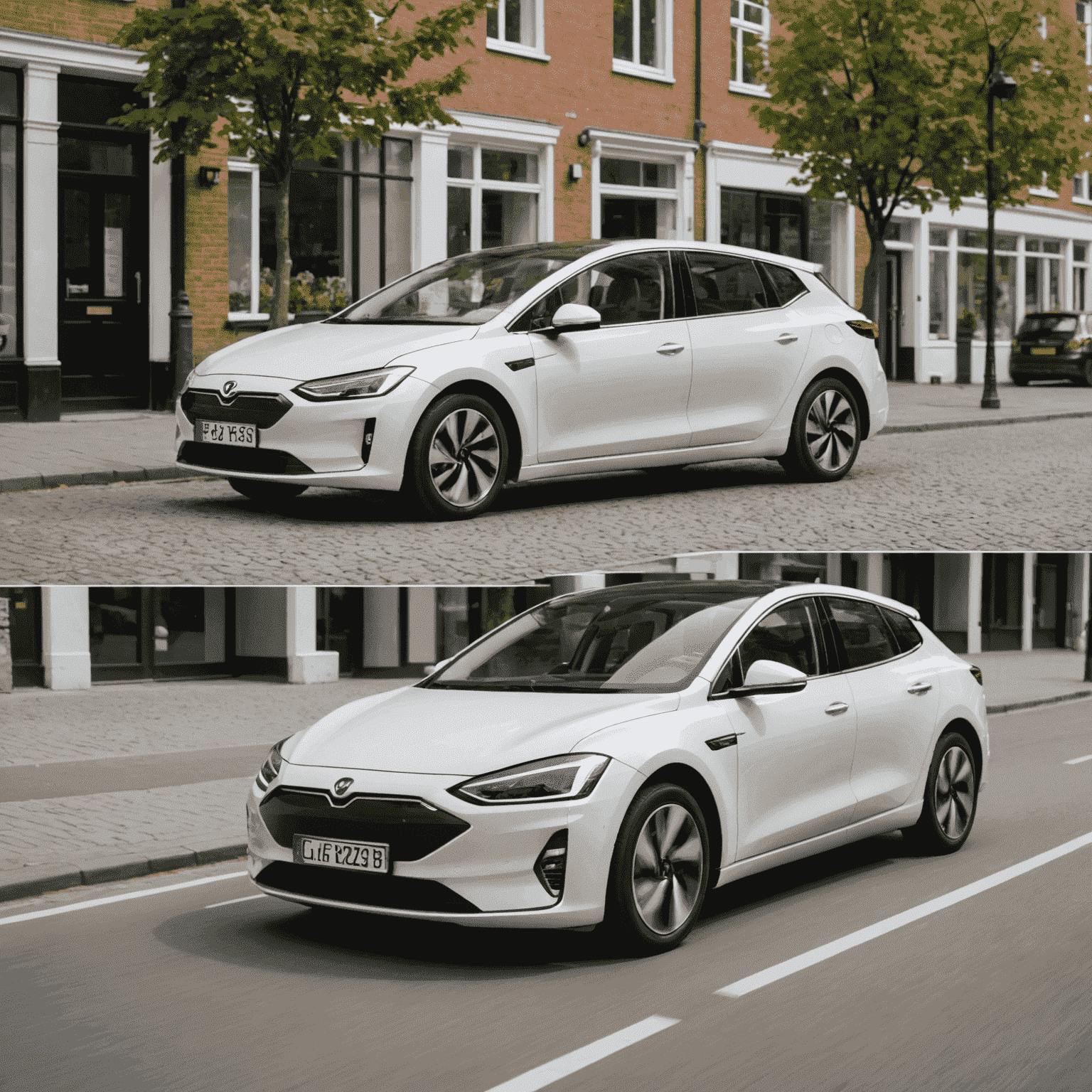 Split-screen afbeelding met een hybride auto aan de ene kant en een volledig elektrische auto aan de andere kant, met Nederlandse kentekenplaten