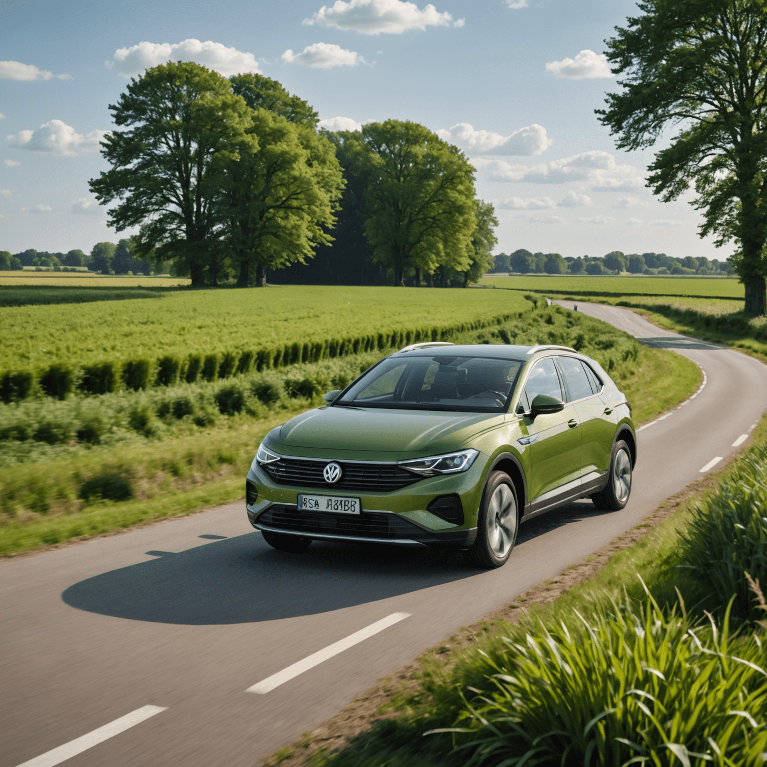Volkswagen ID.4 in mosgroen, rijdend door een typisch Nederlands polderlandschap