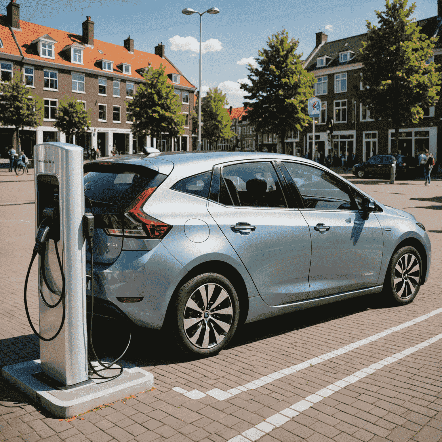 Een moderne hybride auto die oplaadt bij een laadpaal in een Nederlandse stad