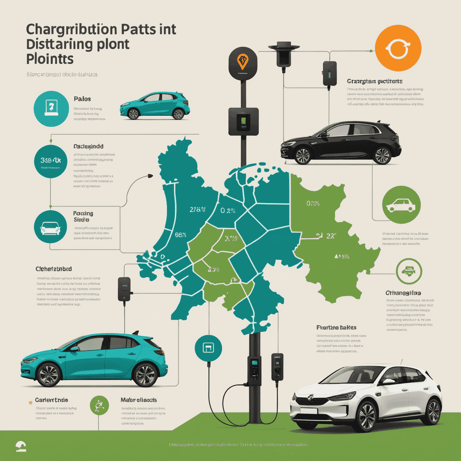 Infographic die de verdeling van laadpunten in Nederland laat zien, met pictogrammen van auto's en laadstations in verschillende regio's