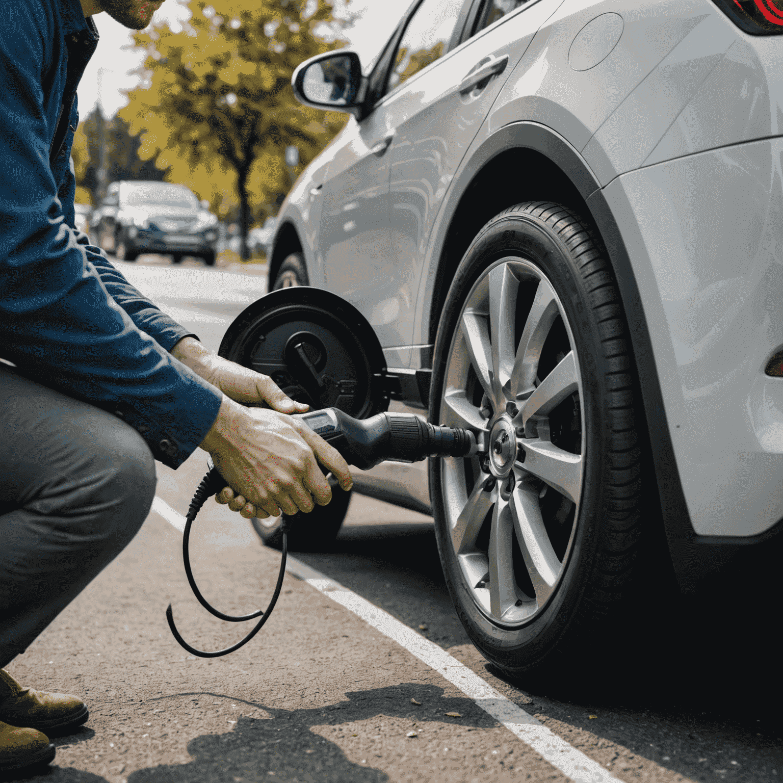 Close-up van een persoon die de bandenspanning controleert van een moderne elektrische auto