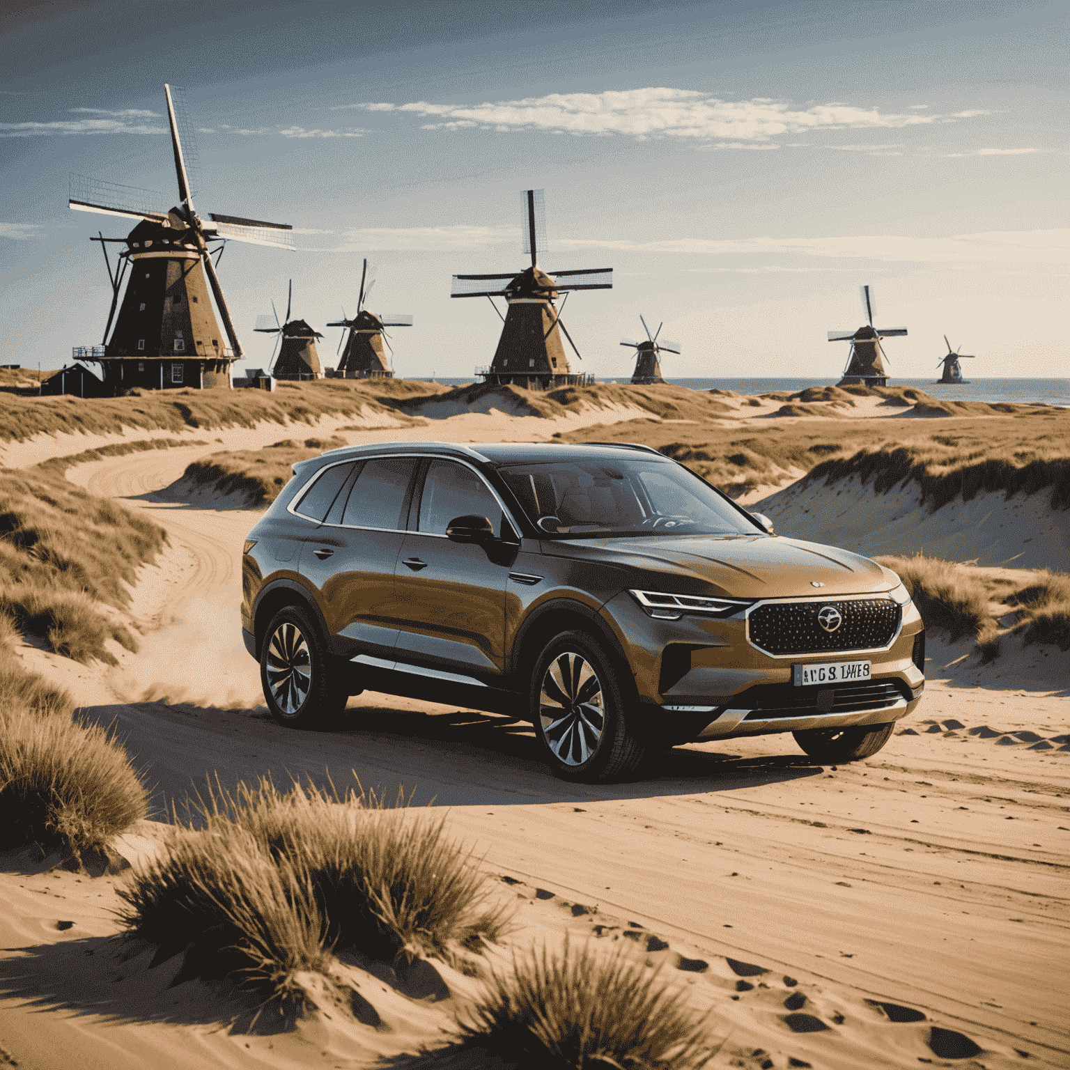 Een ruime elektrische SUV in aardekleur bruin, rijdend langs een Nederlandse kustlijn met duinen en windmolens in het zicht.