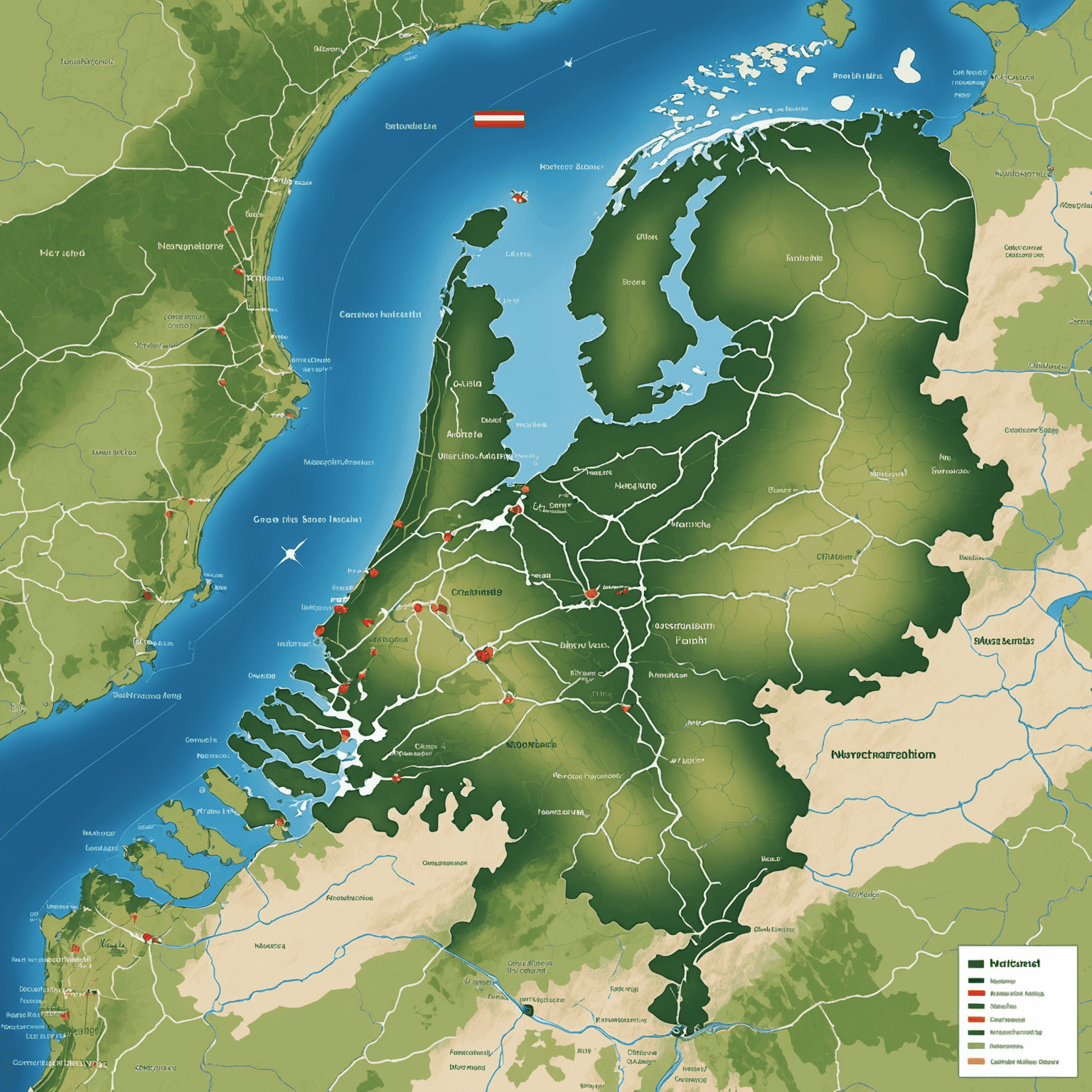 Kaart van Nederland met laadpalen gemarkeerd, inclusief drukke stedelijke gebieden en snelwegen