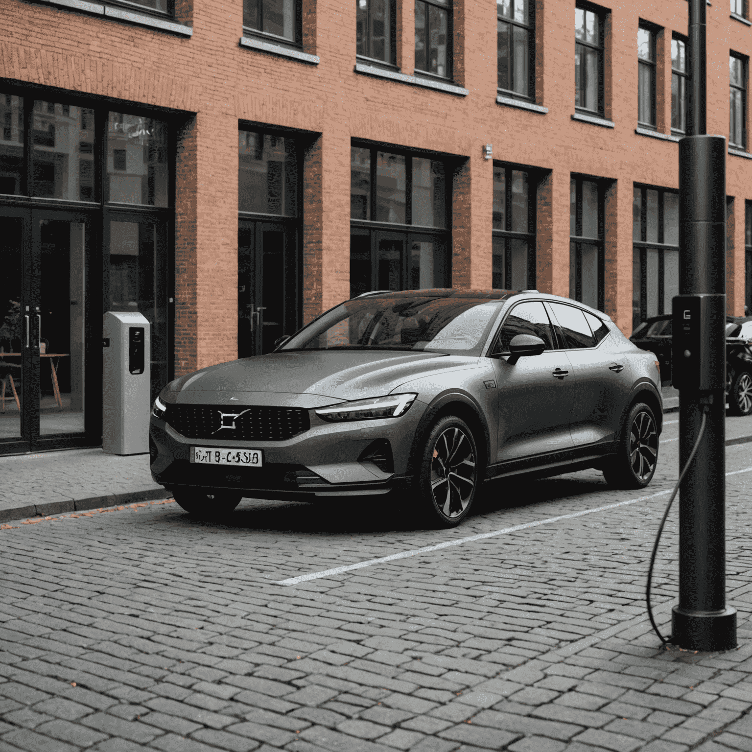 Polestar 2 in matzwart, geparkeerd bij een moderne laadpaal in een Nederlandse binnenstad
