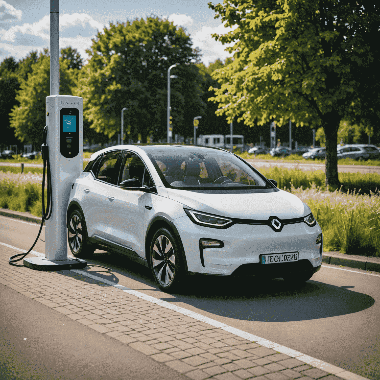 Een volledig elektrische auto die snel oplaadt bij een snellaadstation langs de Nederlandse snelweg