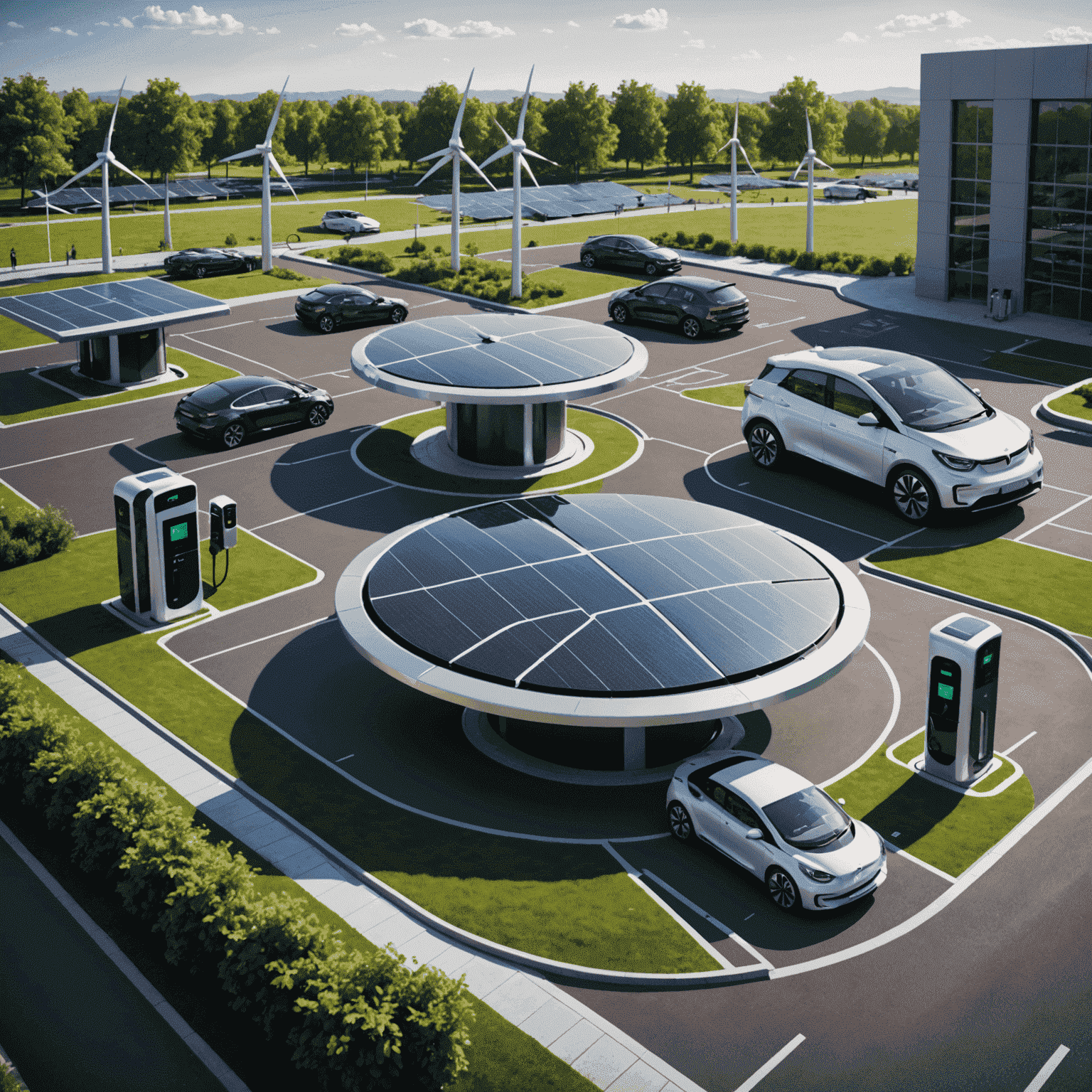 Futuristische visualisatie van een slim laadplein met zonnepanelen, windturbines en elektrische auto's die draadloos opladen