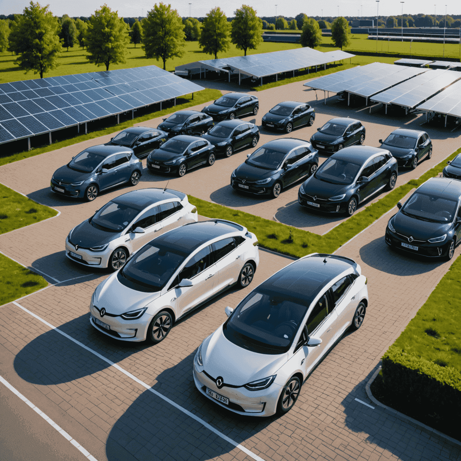 Een rij elektrische auto's geparkeerd onder zonnepanelen bij een Nederlands bedrijventerrein