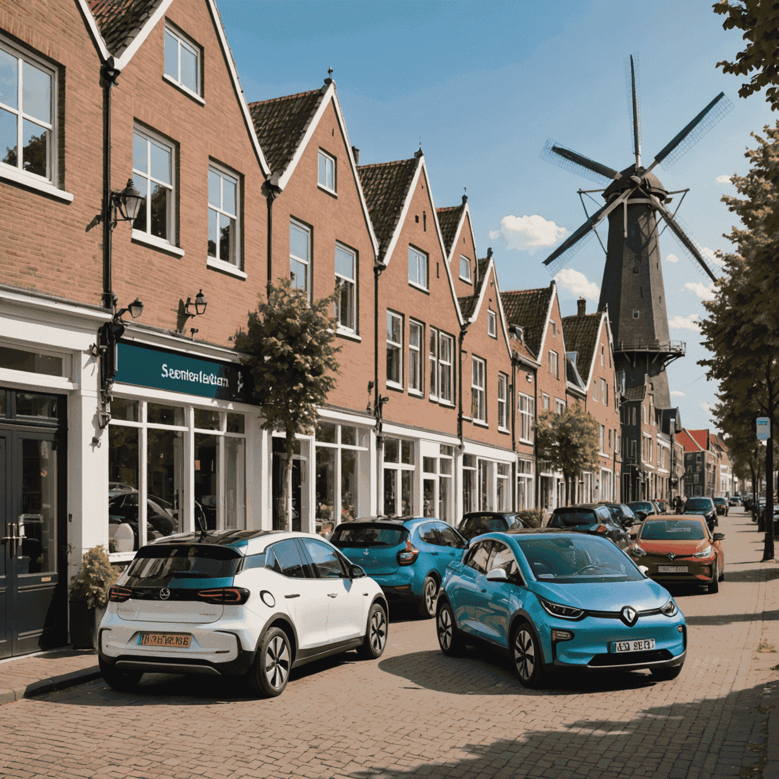 Vijf elektrische auto's geparkeerd in een typisch Nederlands straatbeeld met windmolens op de achtergrond