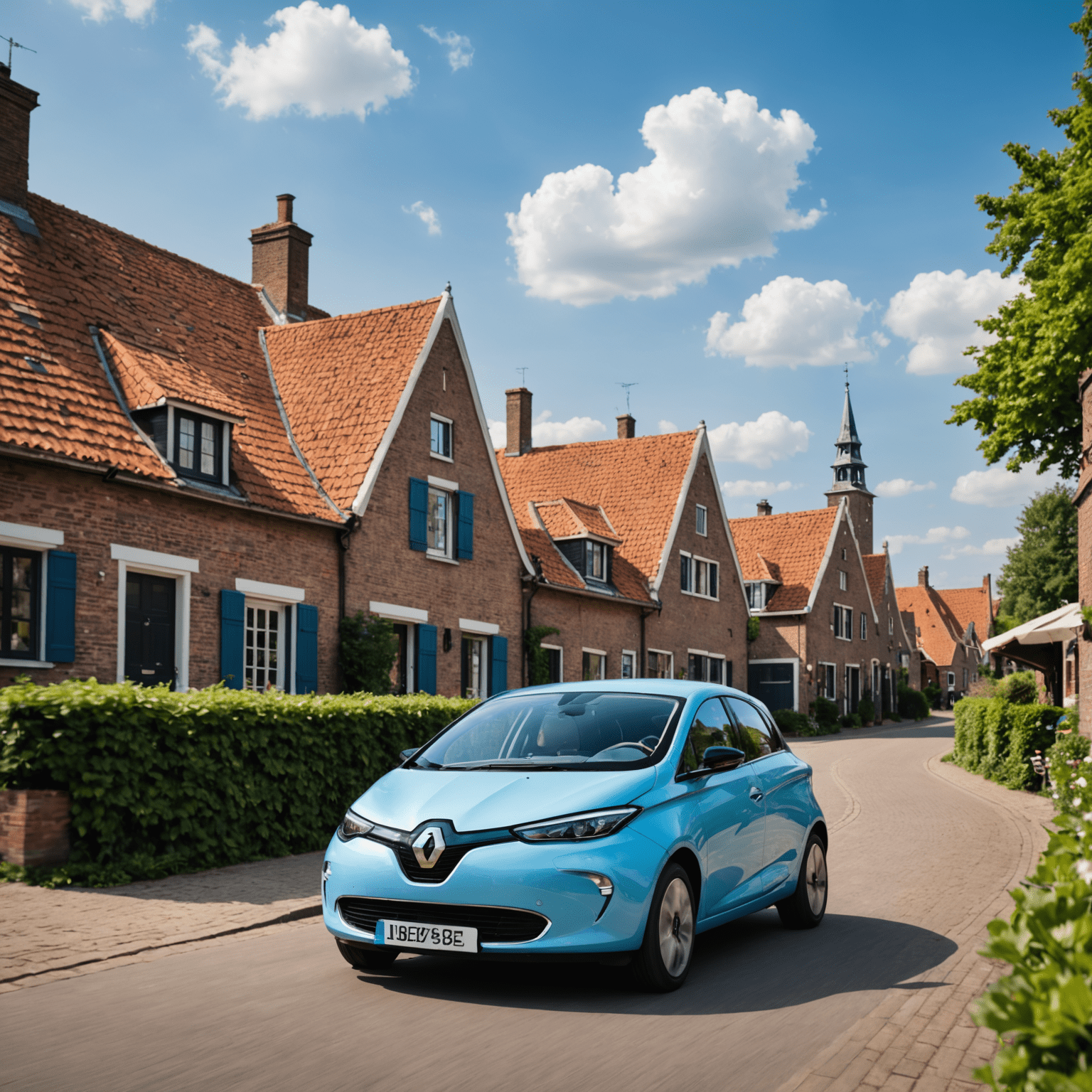 Renault Zoe in hemelsblauw, rijdend door een pittoresk Nederlands dorpje
