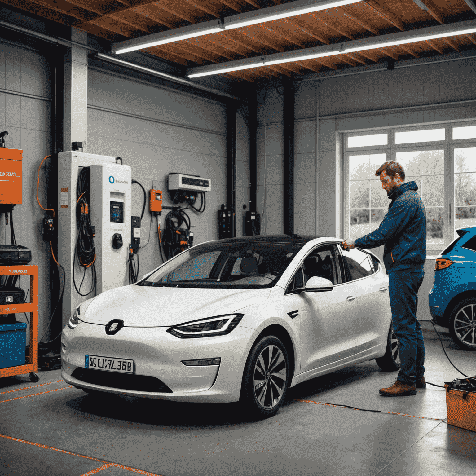 Monteur die een elektrische auto controleert in een garage met Nederlandse signage