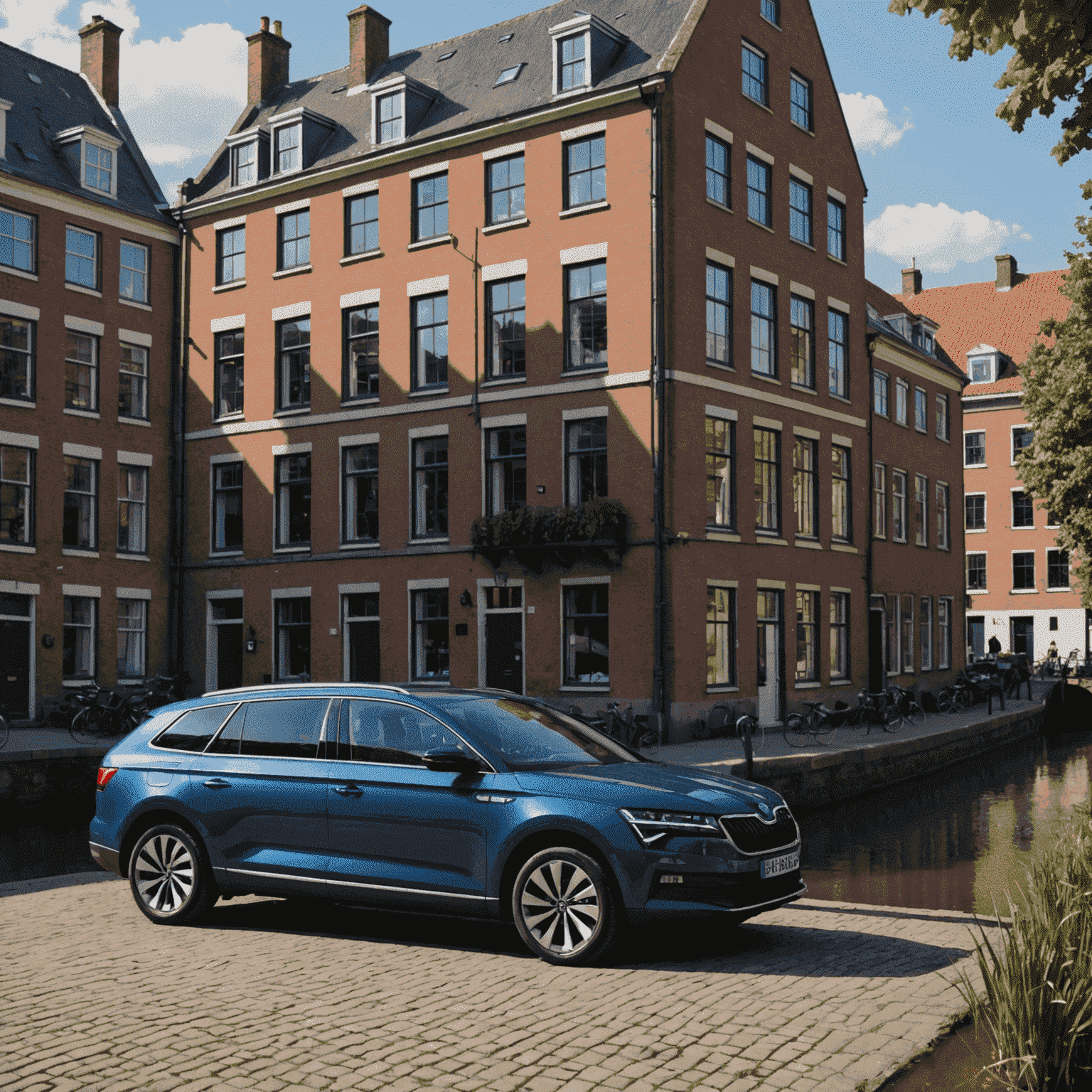 Skoda Enyaq iV in diep blauw, geparkeerd bij een Nederlandse gracht met historische panden