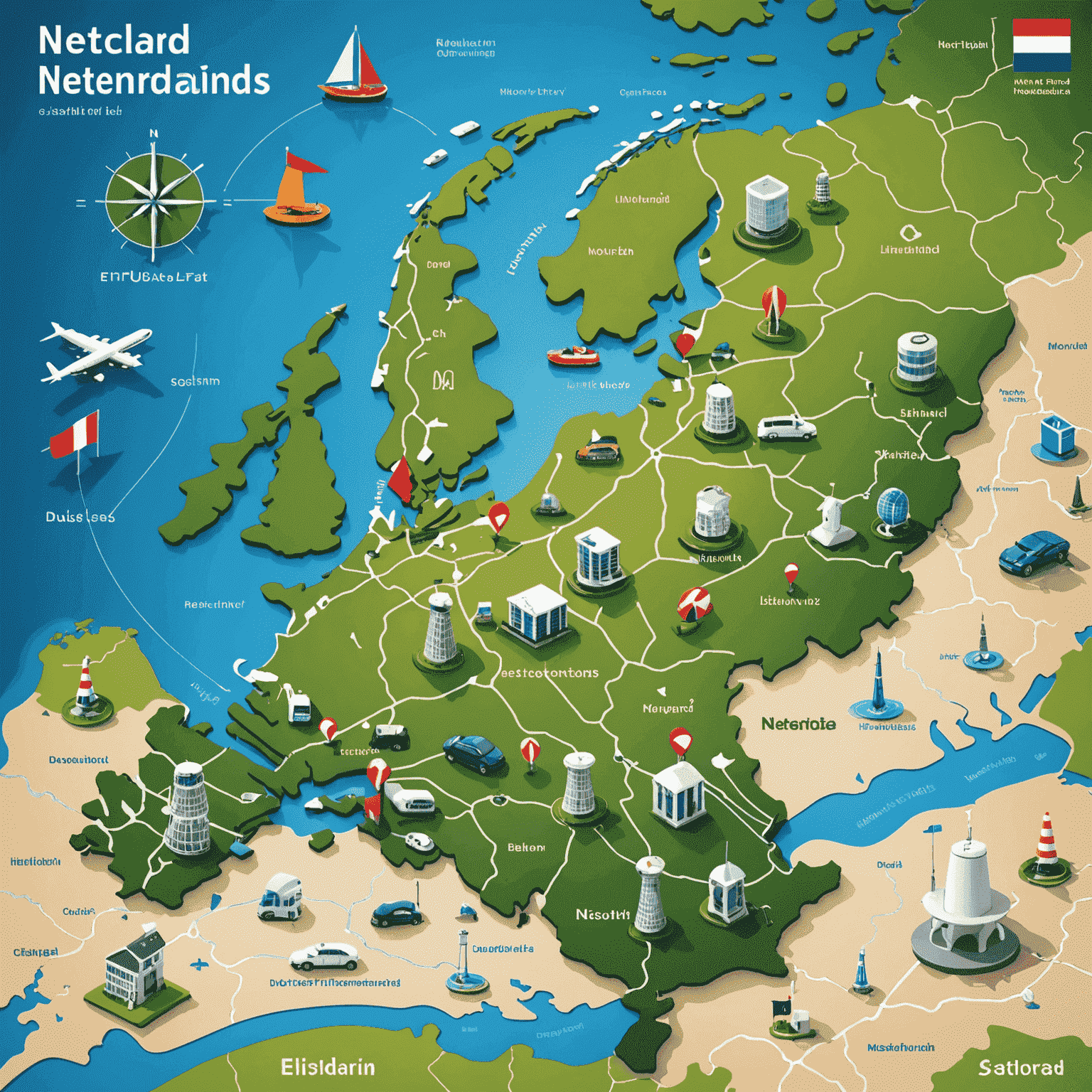Kaart van Nederland met laadpalen gemarkeerd, inclusief bekende Nederlandse landmarks